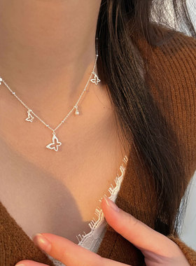 持恒韩国韩版S925纯银蝴蝶珍珠项链女设计感时尚气质花朵锁骨链潮