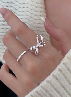 持恒S925纯银蝴蝶结戒指女韩版新款ins潮简约小众开口可调节指环