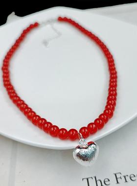 红色珠子项链爱心女锁骨链