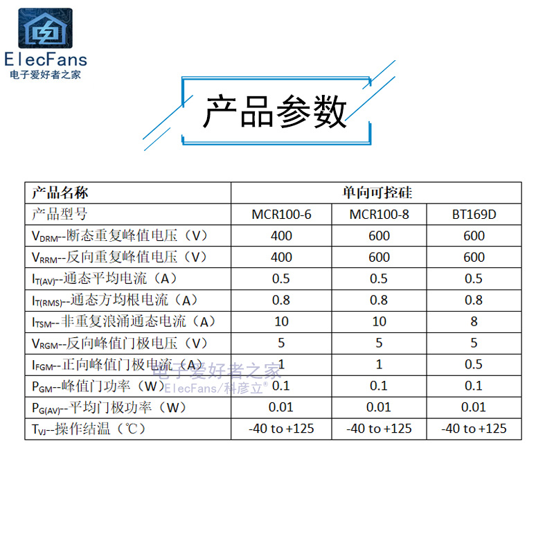 单向可控硅MCR100-6/MCR100-8/BT169D晶闸管三极管 插件TO-92直插 - 图1