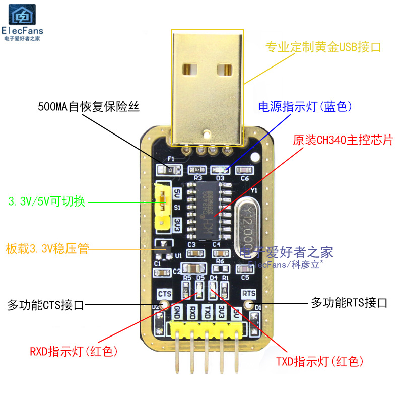 CH340G土豪金USB转TTL模块串口中九升级刷机STC下载线烧录器RS232 - 图0