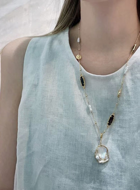 ZHAZHA韩国新款时尚简约百搭水晶吊坠巴洛克珍珠项链女高级感项链