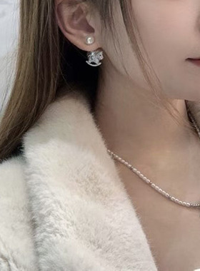 ZHAZHA韩国新款闪钻小马吊坠复古少女珍珠项链耳钉套装女吊坠温柔