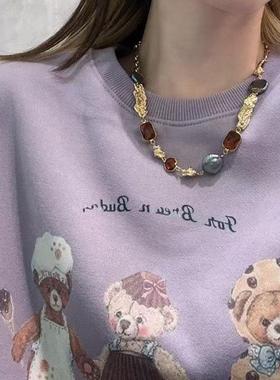 ZHAZHA韩国新款高级时髦个性优雅时尚气质黑色虎眼石串珠项链短款