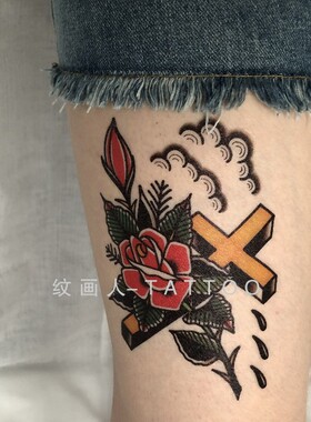 欧美纹身贴玫瑰花十字架大腿花臂