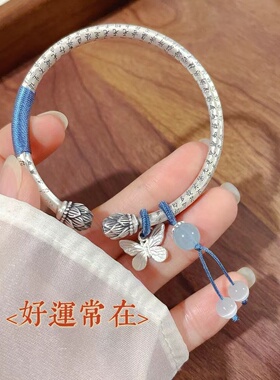 纯银手镯女9999足银心经转运复古民族风开口实心圆条莲花镯子编织