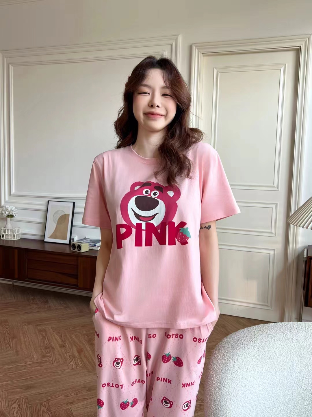 韩版PINK短袖纯棉睡衣24新款月季花可爱草莓熊少女心两件套家居服