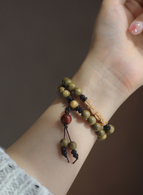 天然百香籽绿檀双圈木质手串文玩