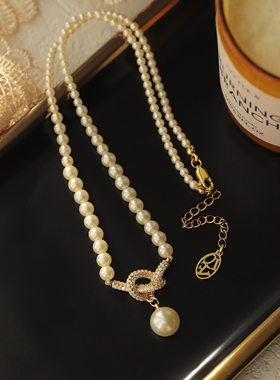 法式微镶打结吊坠高亮仿珍珠项链