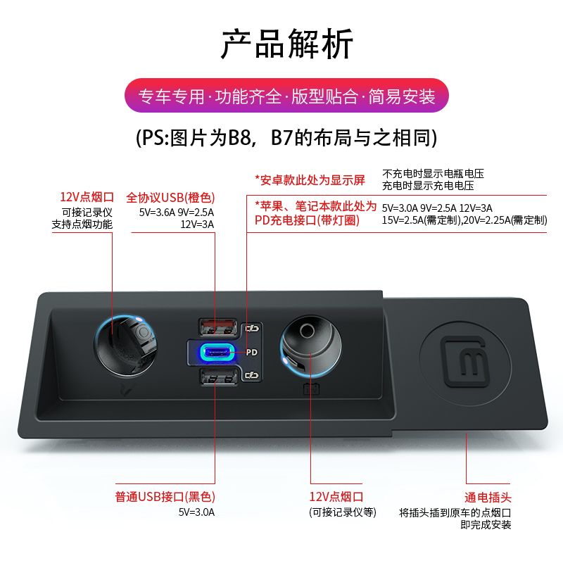 大众CC迈腾b8点烟器b7改装USB苹果13汽车载充电器QC3.0一拖二三b6 - 图2