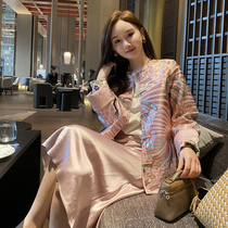 Neon Clothing New Chinese Pink Blouse Women 2023 Autumn New Jacquard Round Collar Loose Hanfu National Wind Jacket