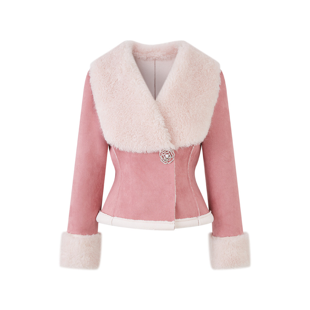 Sun雅乔【蔷薇庄园】冬长袖修身皮毛一体大翻领仿羊羔毛短外套女,淘宝优惠券,粉丝福利购,淘宝优惠卷