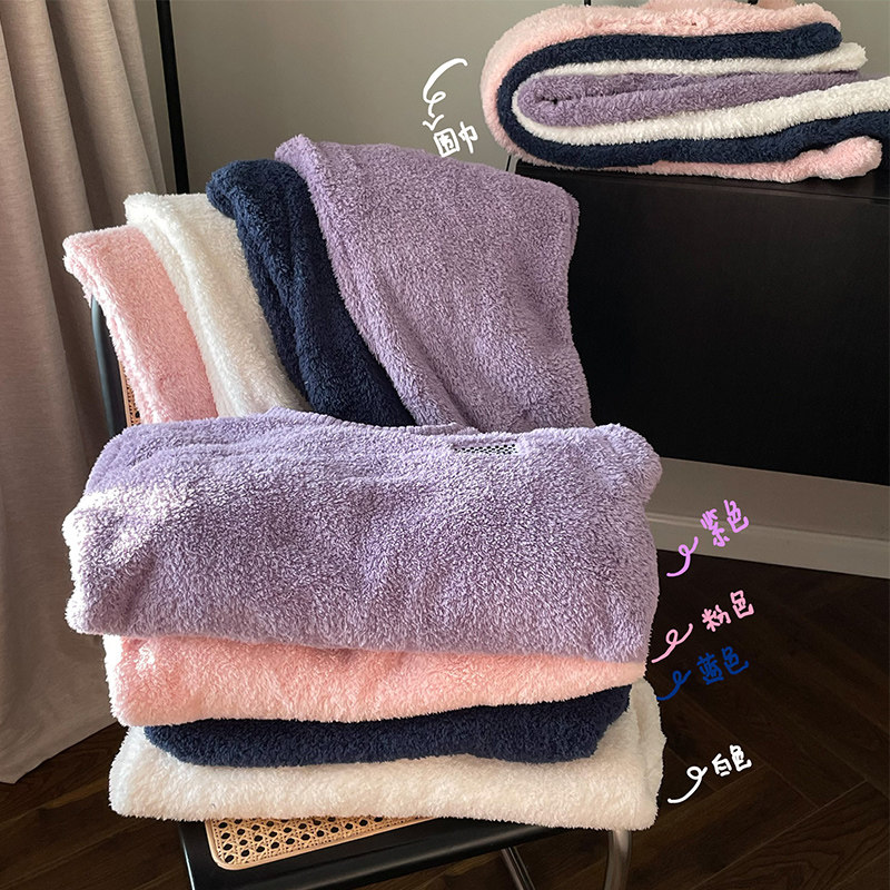 送围巾~羊羔绒ins风睡衣女秋冬季加厚珊瑚绒保暖家居服可外穿套装_虎窝淘