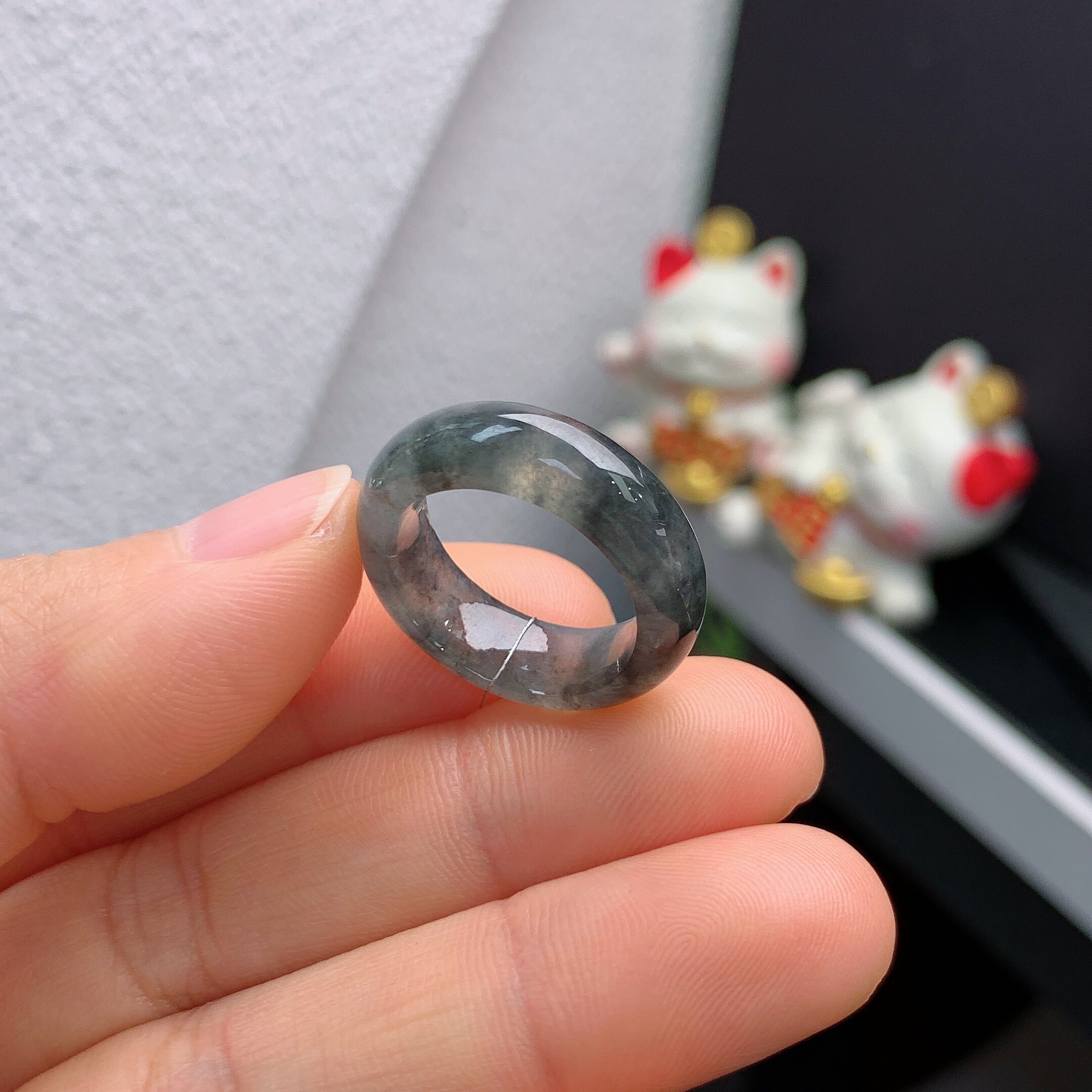 13 circle mouth Burmese natural jade A grade cold black chicken ring A723#