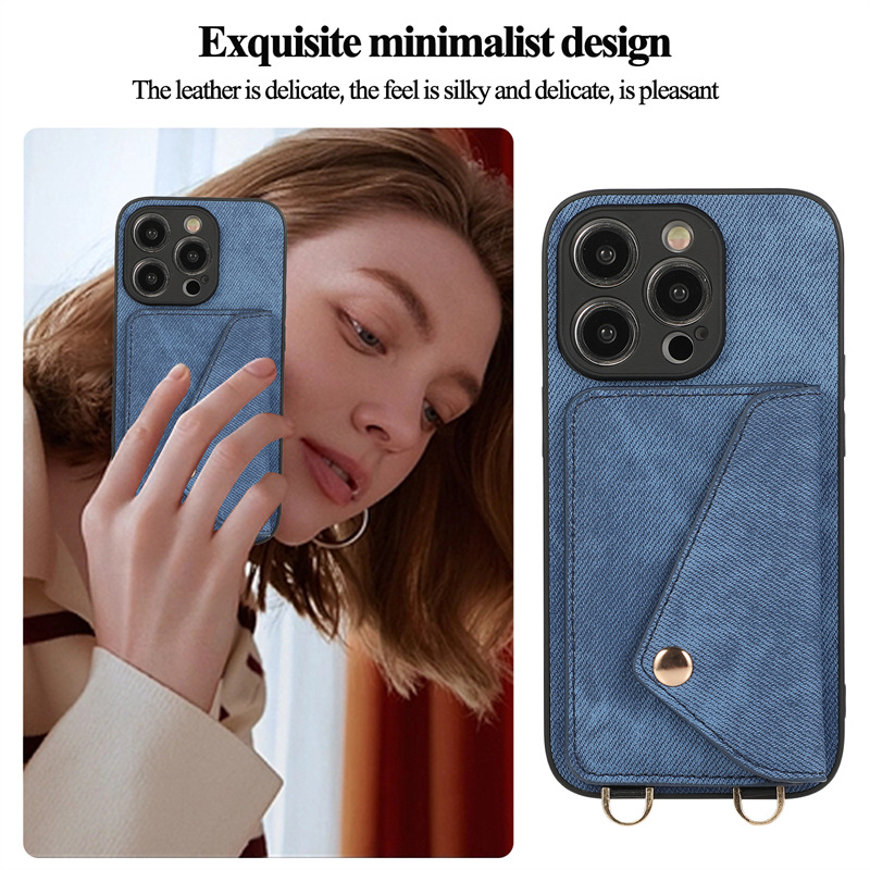 适用 iPhone 15 Pro Max Case Cow Boy Phone Cases 手机壳牛仔仿皮经典卡包挂绳精孔苹果15手机壳 - 图1