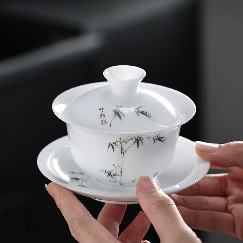 高档手绘冰种盖碗茶杯套装家用整套茶具羊脂玉瓷超薄泡茶器礼盒,淘宝优惠券,粉丝福利购,淘宝优惠卷