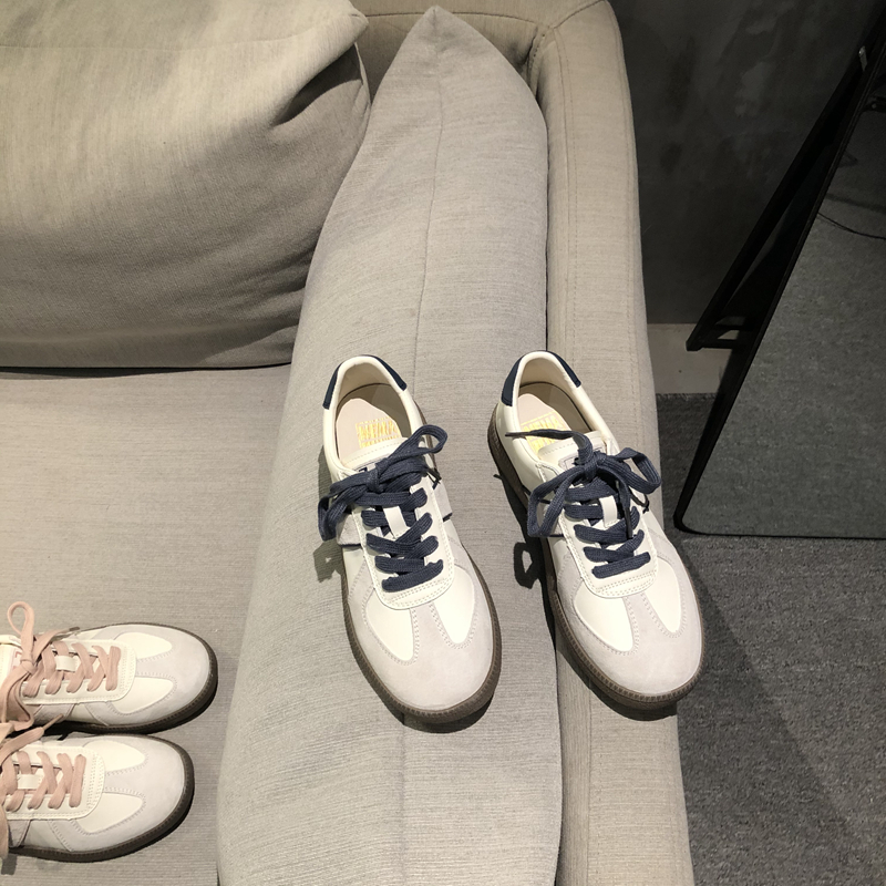 德训鞋女春秋新款韩版时尚真皮拼接圆头百搭舒适平底系带休闲鞋子 - 图0