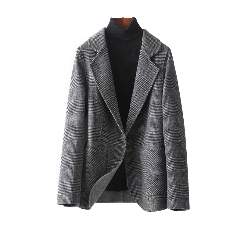 羊毛呢外套女短款一粒扣灰格修身西装式呢子秋冬新款双面羊毛大衣,淘宝优惠券,粉丝福利购,淘宝优惠卷