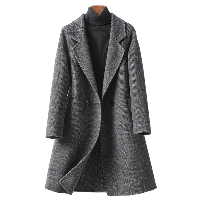 双面羊毛大衣女中长西装领修身气质人字纹2025新款高端羊毛呢外套,淘宝优惠券,粉丝福利购,淘宝优惠卷