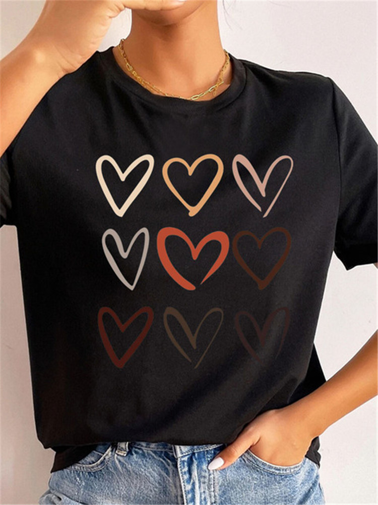 Heart T shirt 夏季黑色短袖女士爱心印花休闲百搭T恤韩版上衣服