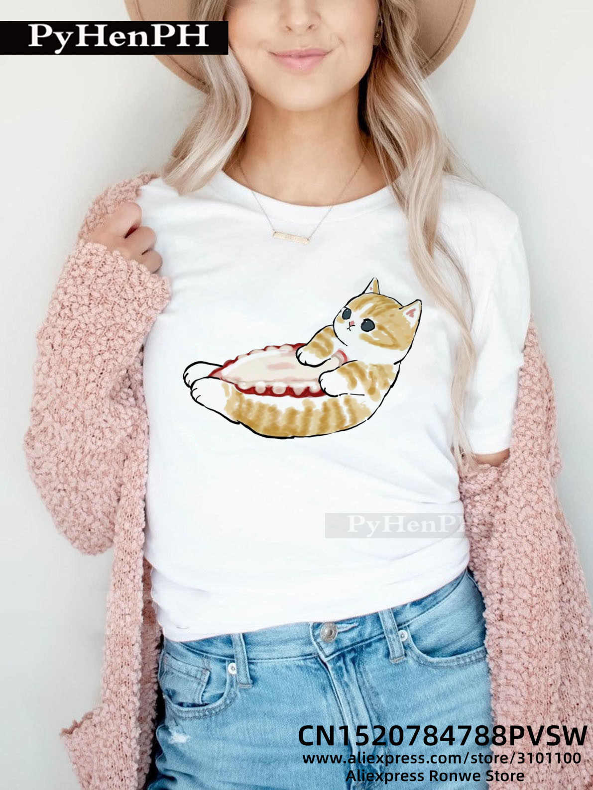 Fruits Cats T shirt新款水果猫咪印花黑色短袖T恤上衣男女体恤-图1