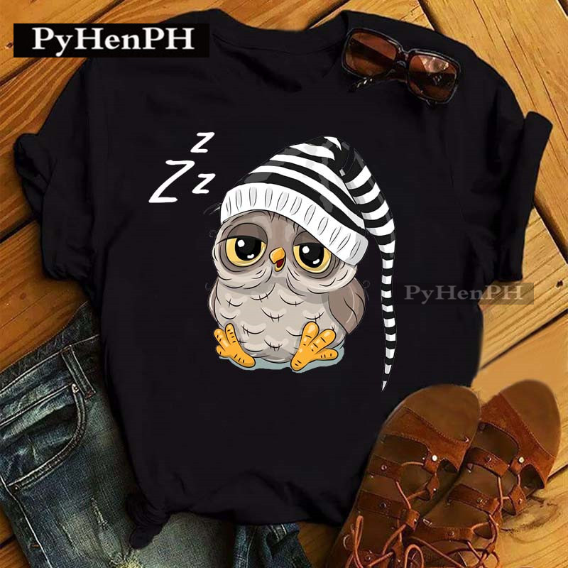 Cute Owl Black T Shirt 卡通猫头鹰印花女士圆领T恤衫百搭夏季 - 图2