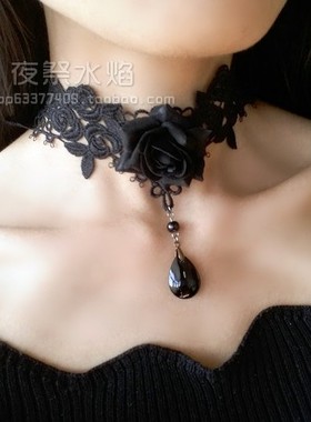欧式哥特风洛丽塔黑玫瑰蕾丝项链