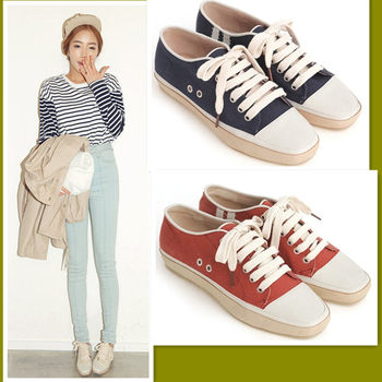 Autumn 2017 Korean flat-soled inner heightening flat-heel square-toe shoes Korean style women's canvas shoes casual trendy sports shoes