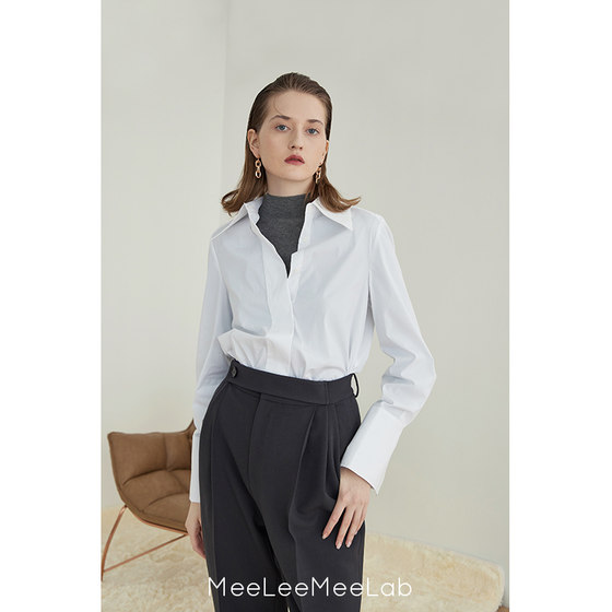 Meeleemeelab Original Vintage Long Sleeve Top With Pointed Neck, Wide Placket And High Count Cotton Basic Blue Shirt For Women