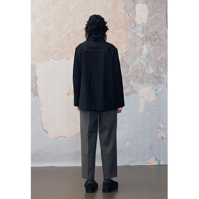 Original denim patchwork worsted wool straight suit