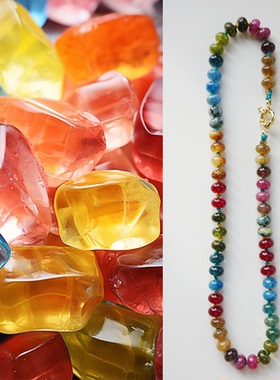 彩色渐变天然石串珠项链彩虹碧玺原石糖果颈链高级感多巴胺锁骨链