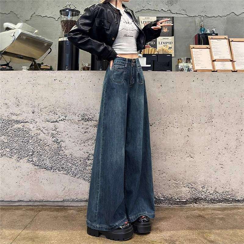 复古蓝双扣阔腿牛仔裤女2025冬季新款高腰加绒宽松显瘦垂感拖地裤,淘宝优惠券,粉丝福利购,淘宝优惠卷