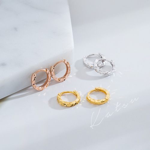 18K玫瑰金耳环 K金耳扣 耳骨环 耳边环 迷你小耳圈车花面闪亮钻石 - 图1