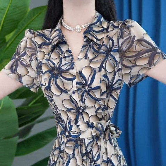 时尚收腰显瘦短袖连衣裙女2025年夏季新款气质中长款休闲印花裙子,淘宝优惠券,粉丝福利购,淘宝优惠卷