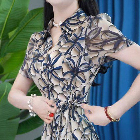 时尚收腰显瘦短袖连衣裙女2025年夏季新款气质中长款休闲印花裙子,淘宝优惠券,粉丝福利购,淘宝优惠卷