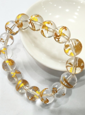 玻璃水晶天然白水晶手链龙凤呈祥烫金珠子手串念珠节日礼物送情侣