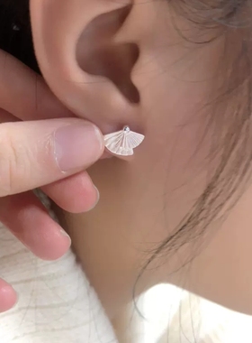 钰饰星楼新中式耳环s999足银国风层叠扇子耳钉免摘简约纯银养耳洞