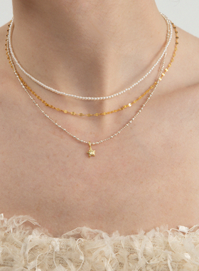 通体925银撞色小星星细隔珠项链