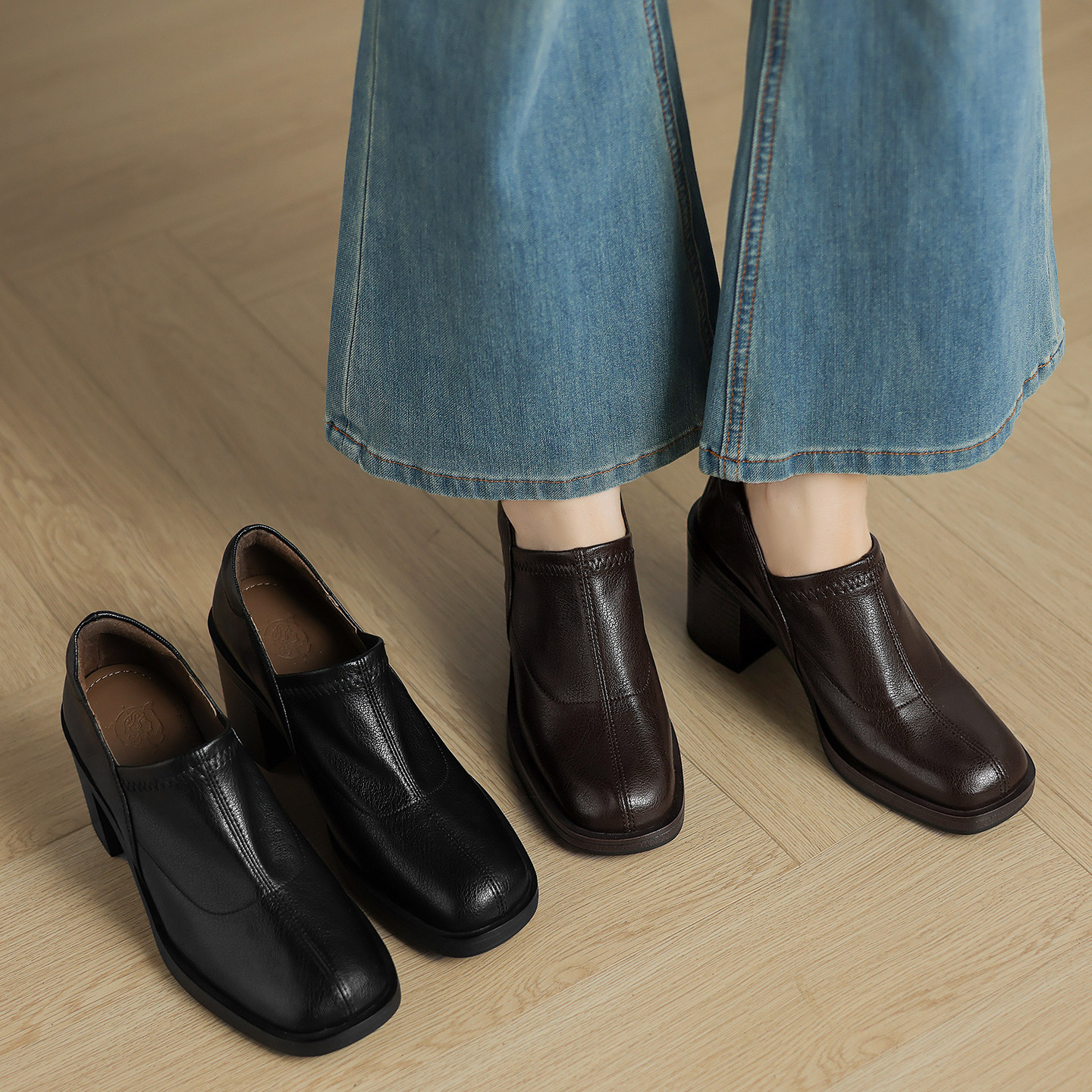 巨软8cm黑色头层羊皮深口圆头小皮鞋厚底粗跟深口单鞋女士高跟鞋,淘宝优惠券,粉丝福利购,淘宝优惠卷