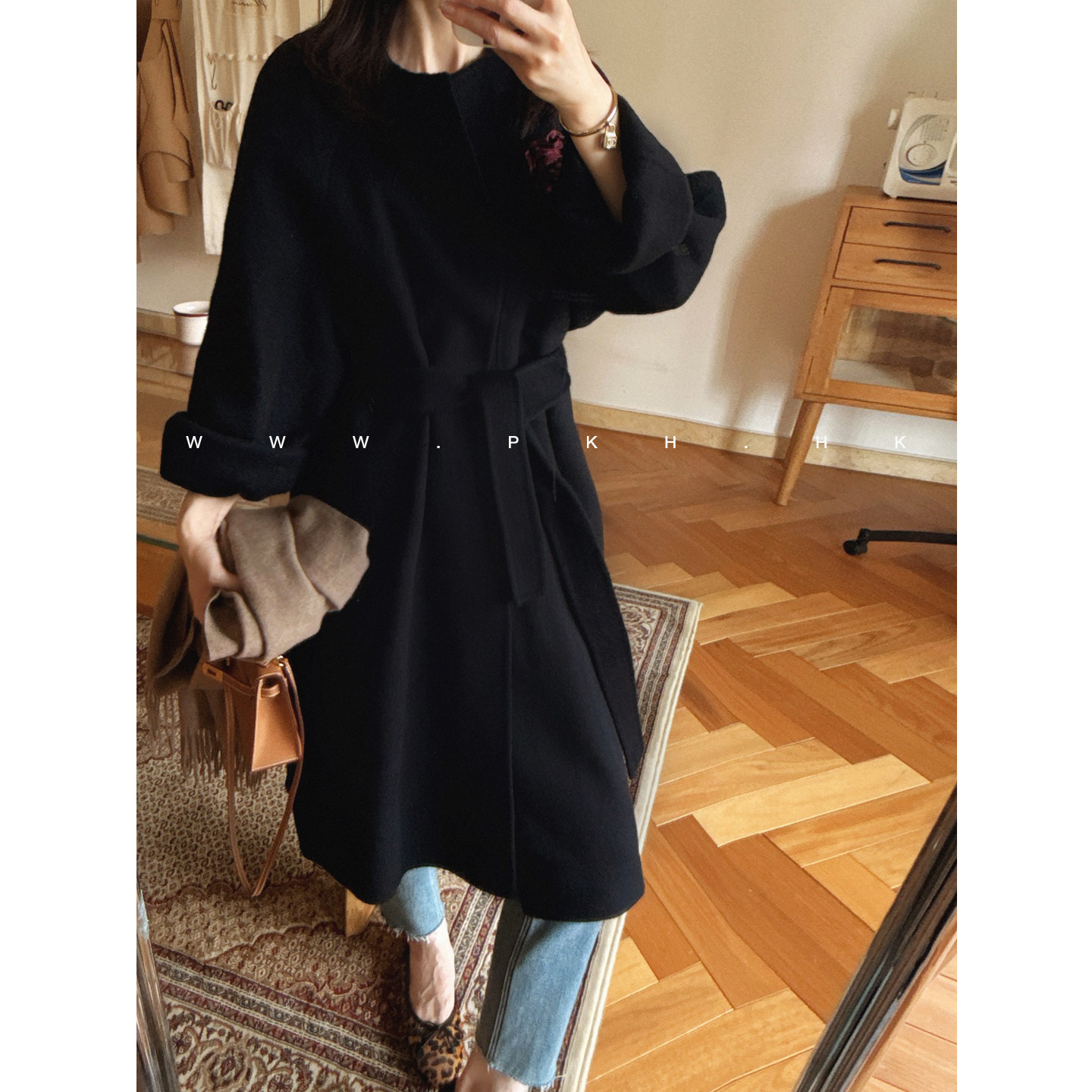 PKH.HK特2025冬新气质剪裁利落通勤配腰带中长双面羊毛呢大衣外套 - 图1