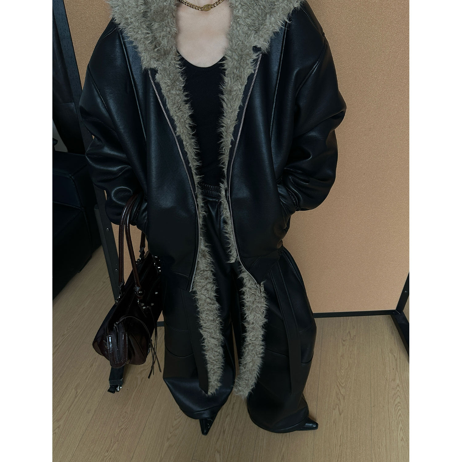 CIZZLEMORE【静奢简】高级时髦摩登加厚外套PU皮酷飒休闲阔腿裤,淘宝优惠券,粉丝福利购,淘宝优惠卷