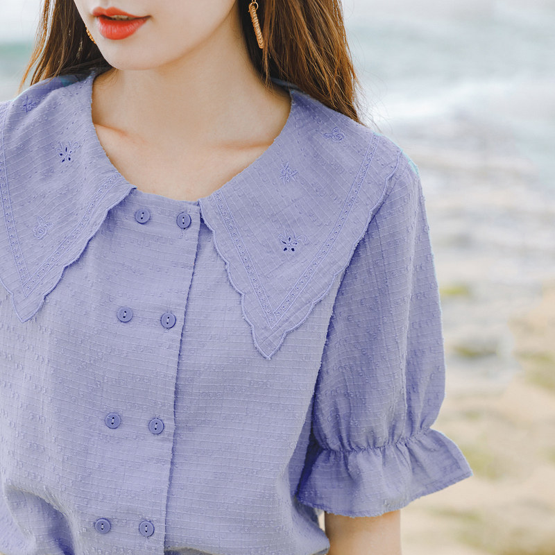 茵曼旗舰店法式短袖上衣女士衬衫 茵曼田田极客衬衫