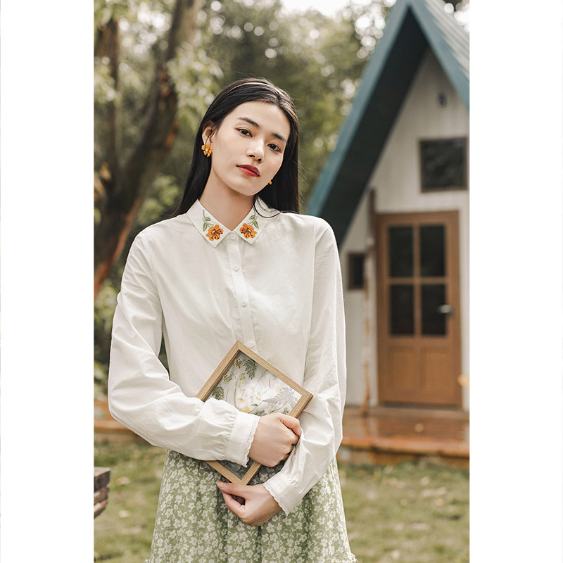 茵曼旗舰店绣花女长袖衬衣纯棉衬衫 茵曼筱茵衬衫