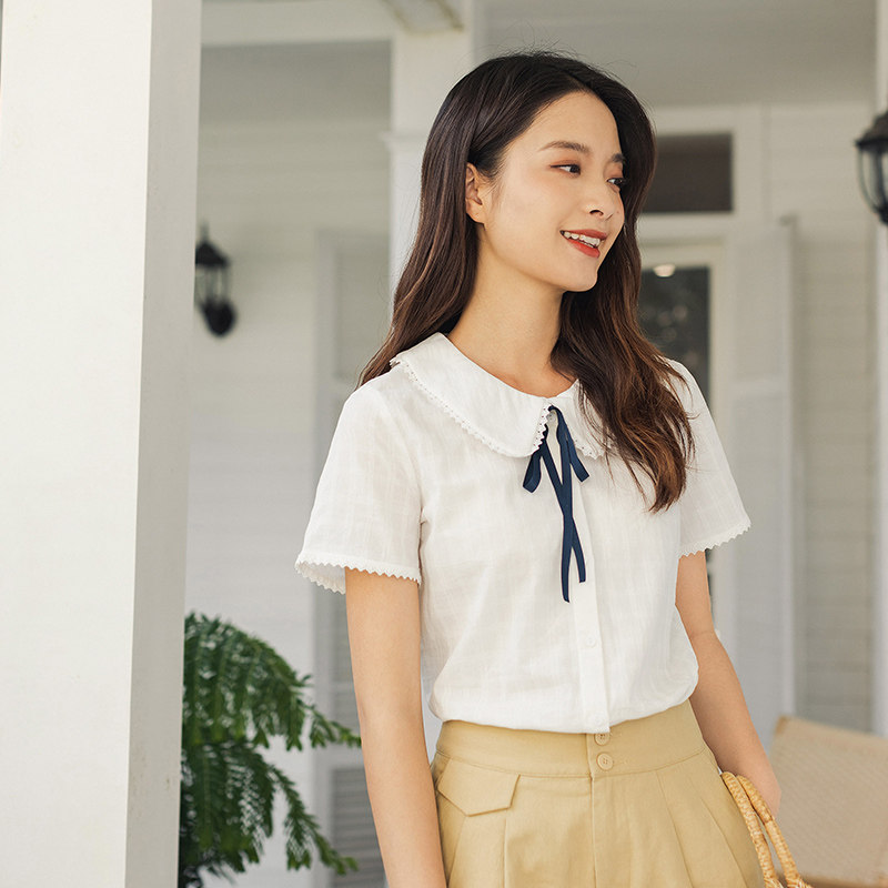 茵曼旗舰店少女纯棉娃娃领白衬衫 茵曼翰飞衬衫