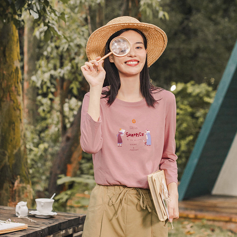 茵曼纯棉七分袖2020年新款潮中t恤 茵曼田田极客T恤