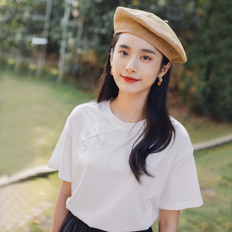 茵曼旗舰店盘扣上衣国潮中国风短袖 茵曼翰飞T恤