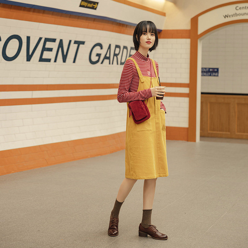 茵曼灯芯绒网红小个子吊带裙背带裙 茵曼筱茵连衣裙