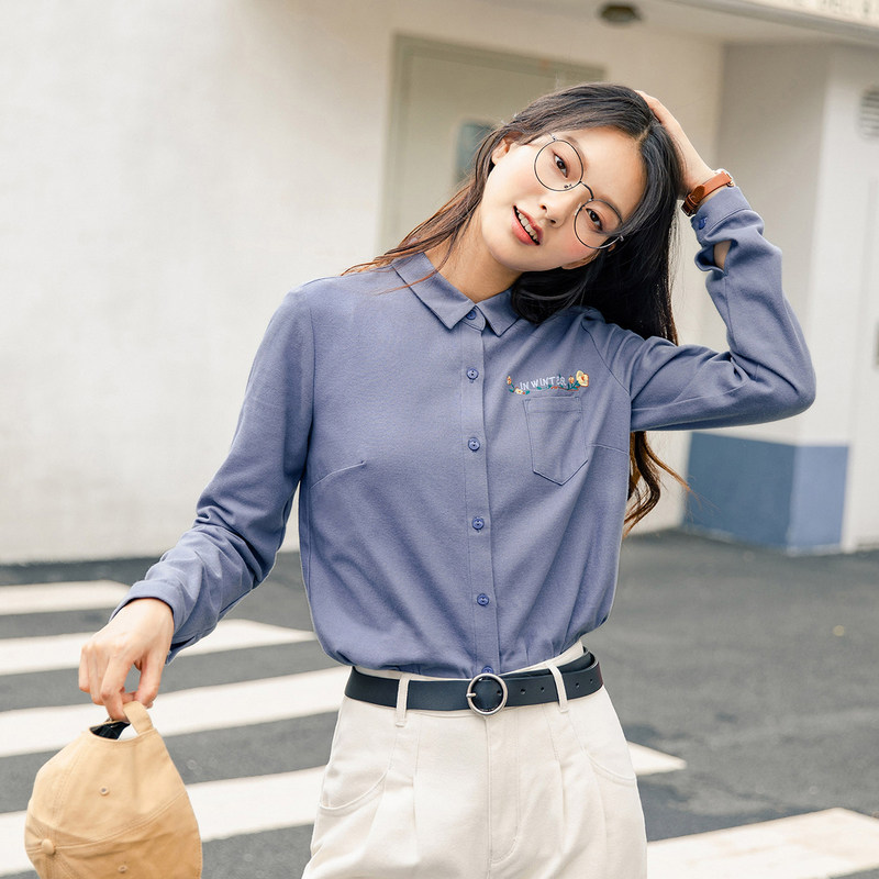 茵曼2020秋冬新款口袋刺绣纯棉衬衫 茵曼筱茵衬衫