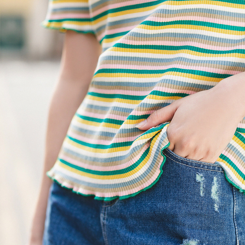 茵曼旗舰店彩虹条纹短袖女2020 t恤 茵曼田田极客T恤