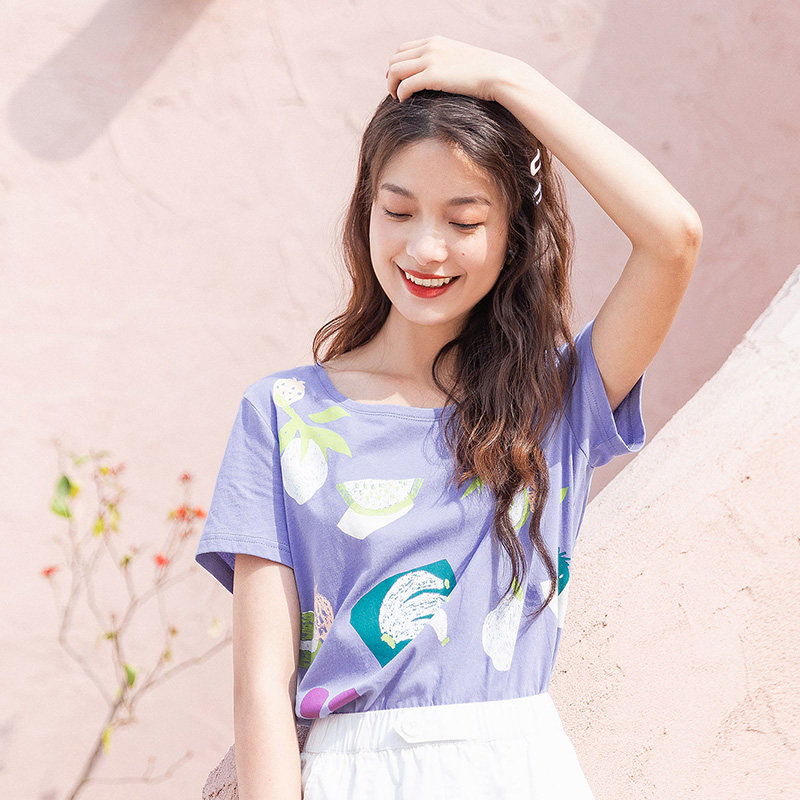 茵曼旗舰店茵蔓纯棉大领口宽松t恤 茵曼翰飞T恤